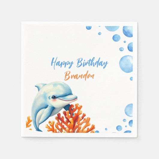 Niedlich Blue & Orange Coral Dolphin Kindergeburts Serviette (Vorderseite)