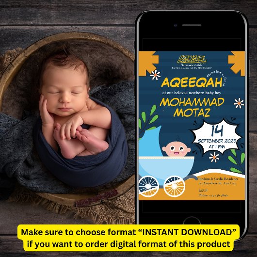 Niedlich Blue Orange Stroller Baby Boy Muslim Aqee Einladung