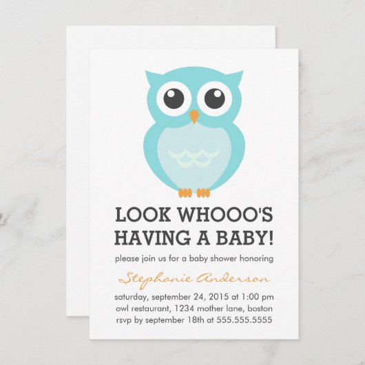 Niedlich Blue Owl Boy Baby Shower Einladungen (Vorne/Hinten)