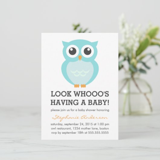 Niedlich Blue Owl Boy Baby Shower Einladungen (Stehend Vorderseite)