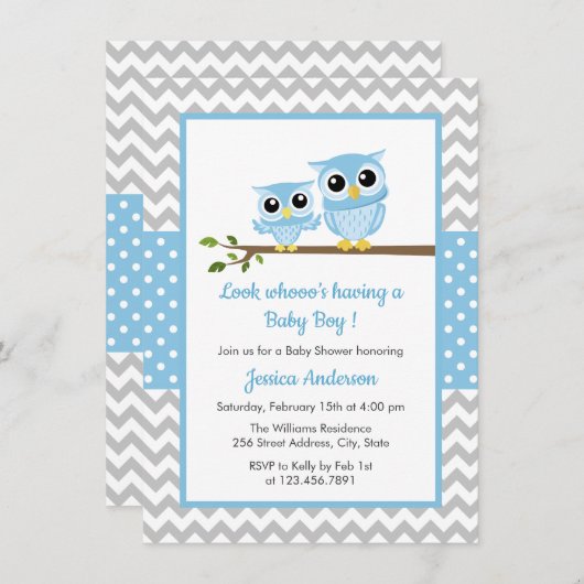 Niedlich Blue Owl Grau Zickzack Boy Baby Dusche Einladung (Vorne/Hinten)