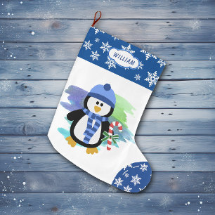 Niedlich Blue Penguin Candy Cane Großer Weihnachtsstrumpf