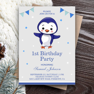Niedlich Blue Pinguin Erster 1. Geburtstag Party Einladung