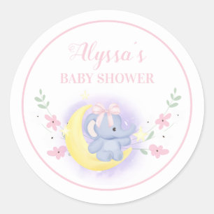 Niedlich Blue Pink Elephant Moon Baby Girl Dusche Runder Aufkleber