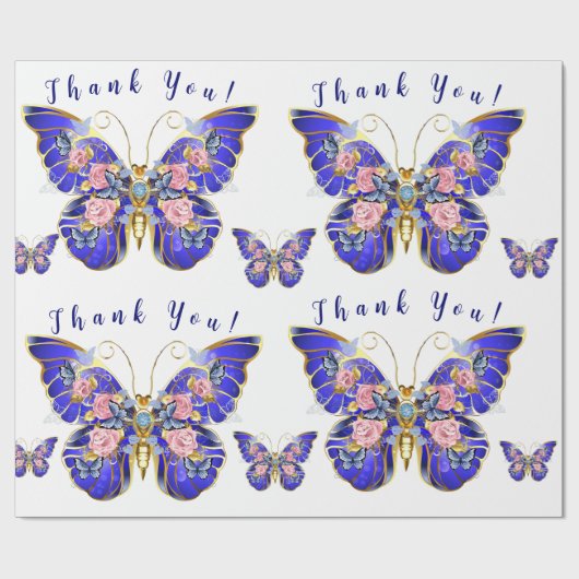 Niedlich Blue Pink Gold Butterfly Floral Vielen Da Geschenkpapier (Flach)