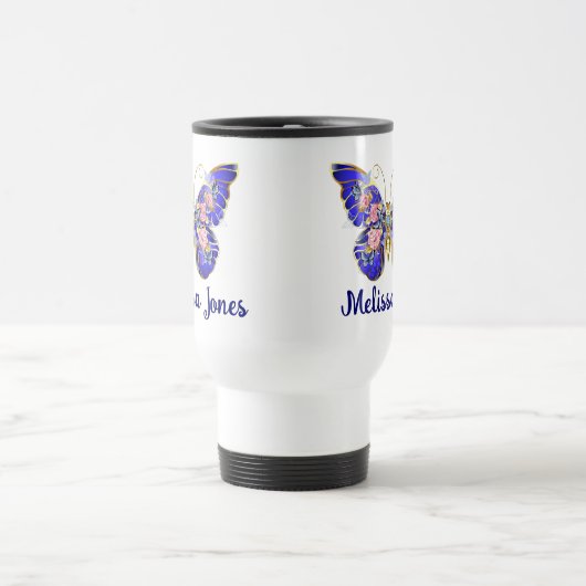 Niedlich Blue Pink Gold Butterfly Name Weiß Reisebecher (Mittel)
