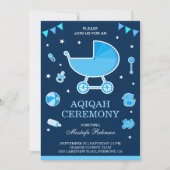 Niedlich Blue Pram Baby Boy Aqiqah Einladung (Vorderseite)