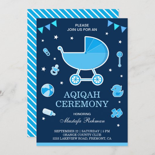 Niedlich Blue Pram Baby Boy Aqiqah Einladung (Vorne/Hinten)