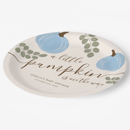 Niedlich Blue Pumpkin Eucalyptus Fall Boy Baby Dus Pappteller (Schrägansicht)