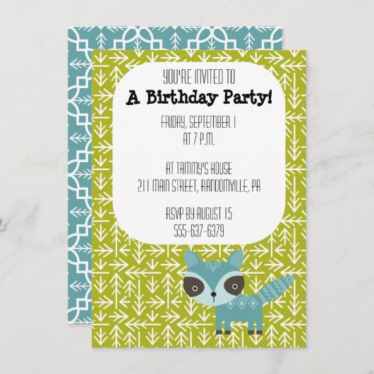 Niedlich Blue Raccoon Party Einladung (Vorne/Hinten)