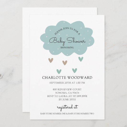 Niedlich Blue Rain Cloud Baby Dusche Einladung (Vorne/Hinten)