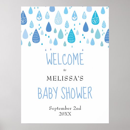 Niedlich Blue Raindrops Baby Dusche Begrüßungszeic Poster (Vorne)