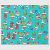 Niedlich Blue Red Green Weihnachts Strumpf Pattern Geschenkpapier (Flach)