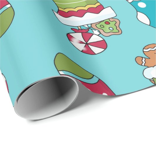 Niedlich Blue Red Green Weihnachts Strumpf Pattern Geschenkpapier (Rolleneckpunkt)