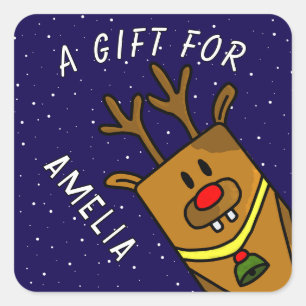 Niedlich Blue Reindeer Kid`s Name Weihnachtsgesche Quadratischer Aufkleber