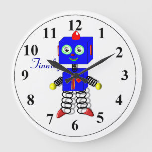 Niedlich Blue Robot Personalisiert Bots Room Clock Große Wanduhr