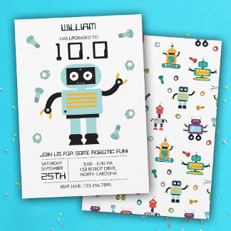Niedlich Blue Robot Theme Kids Roboter Geburtstags Einladung