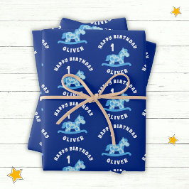 Niedlich Blue Rocking Horse Boy 1. Geburtstag Geschenkpapier Set