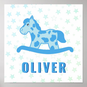 Niedlich Blue Rocking Horst Star Kids Name Poster