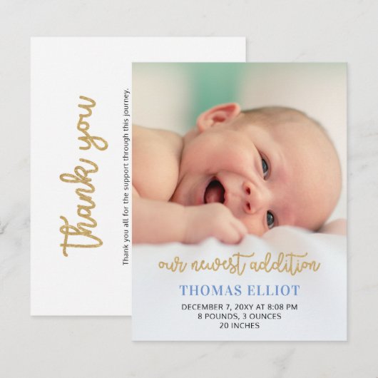 Niedlich Blue Script Foto Baby Ankündigung (Vorne/Hinten)