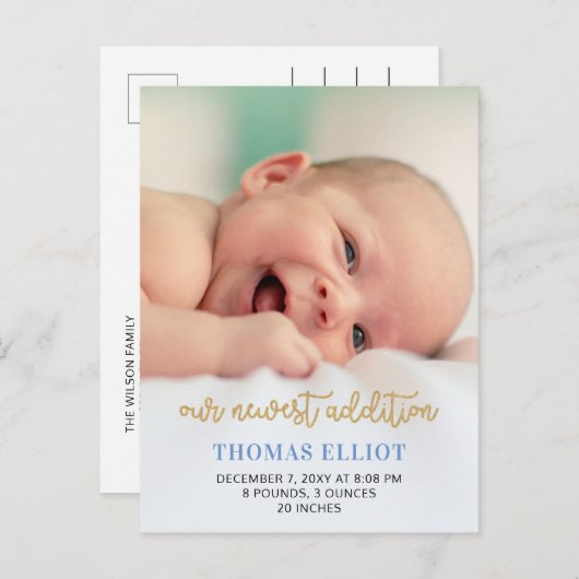 Niedlich Blue Script Foto Baby Ankündigung (Vorne/Hinten)