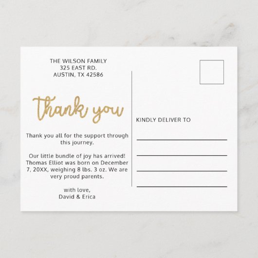 Niedlich Blue Script Foto Baby Ankündigung (Rückseite)