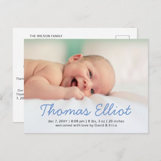 Niedlich Blue Script Foto Baby Ankündigung (Vorne/Hinten)