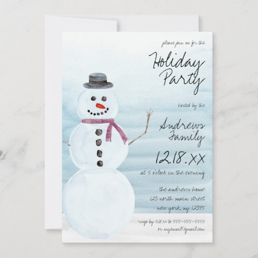 Niedlich Blue Snowman Watercolor Holiday Party Einladung (Vorderseite)