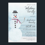 Niedlich Blue Snowman Watercolor Holiday Party Einladung<br><div class="desc">Diese niedliche Weihnachtsferien-Party Einladung ist perfekt für die festliche Winterveranstaltung. Es verfügt über einen frostigen, pastellblauen, handbemalten Wasserfarbenschneemann, der in einem schwarzen Top-Hut gekleidet ist, einen bordeauxroten Schal, eine schwarze Kohle für Augen, Mund und Knopf, und eine orangefarbene Karotte für seine Nase auf einem blau gestuften, farbigen Hintergrund und weißem...</div>