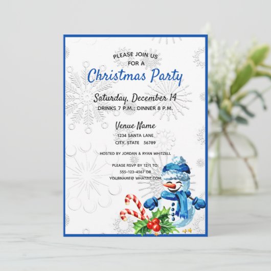 Niedlich Blue Snowman Weihnachts-Party Einladung (Stehend Vorderseite)