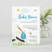 Niedlich Blue Stork Baby Dusche Einladung (Stehend Vorderseite)