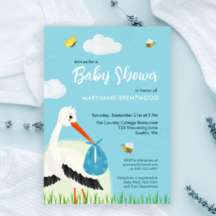 Niedlich Blue Stork Baby Dusche Einladung
