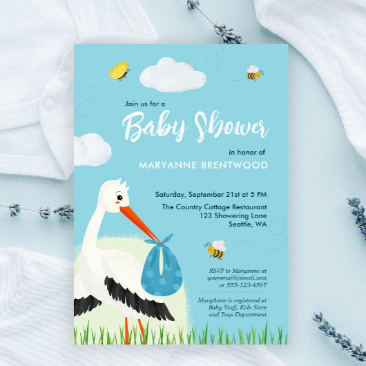 Niedlich Blue Stork Baby Dusche Einladung