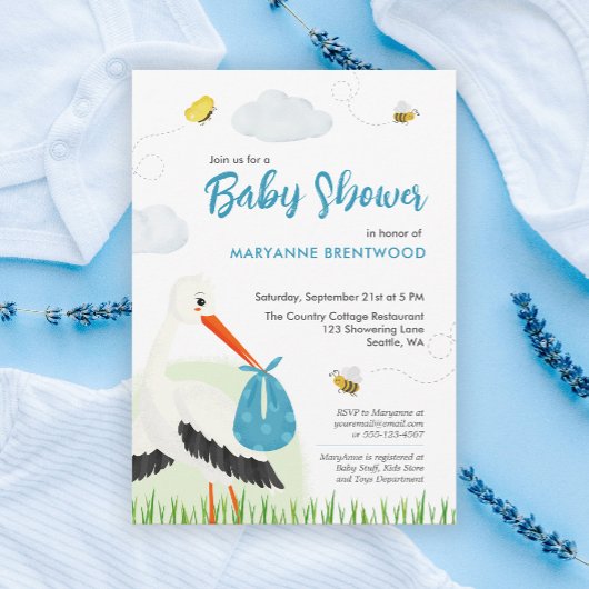 Niedlich Blue Stork Baby Dusche Einladung