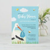 Niedlich Blue Stork Baby Dusche Einladung (Stehend Vorderseite)