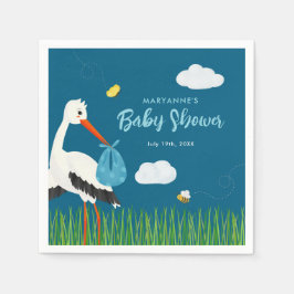 Niedlich Blue Stork Baby Dusche kundenspezifisch Serviette