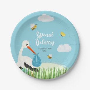 Niedlich Blue Stork Baby Dusche Pappteller