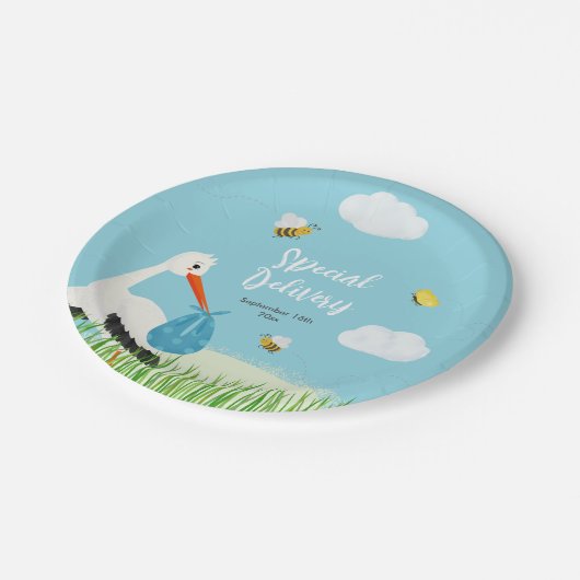 Niedlich Blue Stork Baby Dusche Pappteller (Schrägansicht)