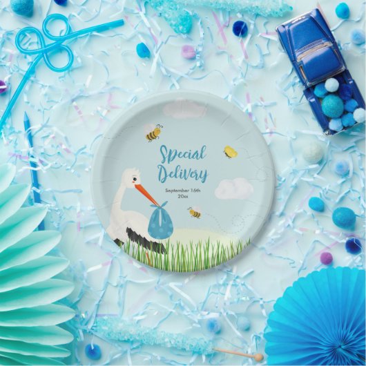 Niedlich Blue Stork Baby Dusche Pappteller (Party)