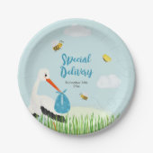 Niedlich Blue Stork Baby Dusche Pappteller (Vorderseite)