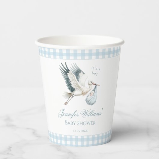 Niedlich Blue Stork Delivery Baby Boy Dusche Pappbecher (Rückseite)