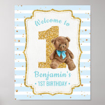Niedlich Blue Strips Teddy Bär 1. Geburtstagsposte