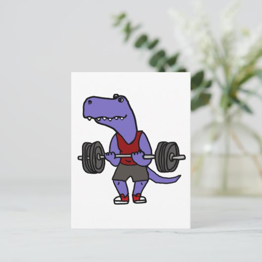 Niedlich Blue T-rex Dinosaur Weightlifter Postkarte (Stehend Vorderseite)