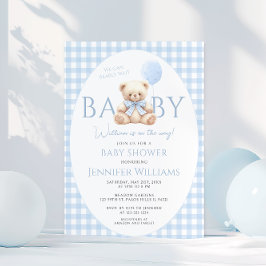 Niedlich Blue Teddy Bear Gingham Bow Baby Boy Show Einladung
