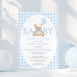 Niedlich Blue Teddy Bear Gingham Bow Baby Boy Show Einladung