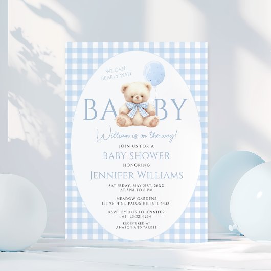 Niedlich Blue Teddy Bear Gingham Bow Baby Boy Show Einladung