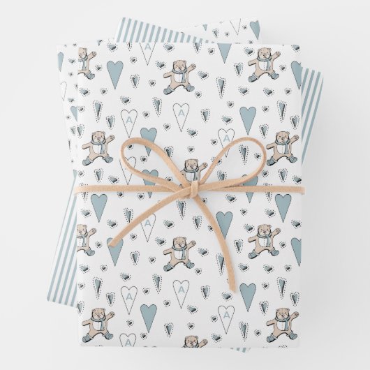 Niedlich Blue Teddy Bear & Heart Baby Boy Initial Geschenkpapier Set (Beispiel)