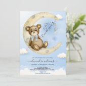 Niedlich Blue Teddy Bear Moon Balloons Boy Baby Du Einladung (Stehend Vorderseite)