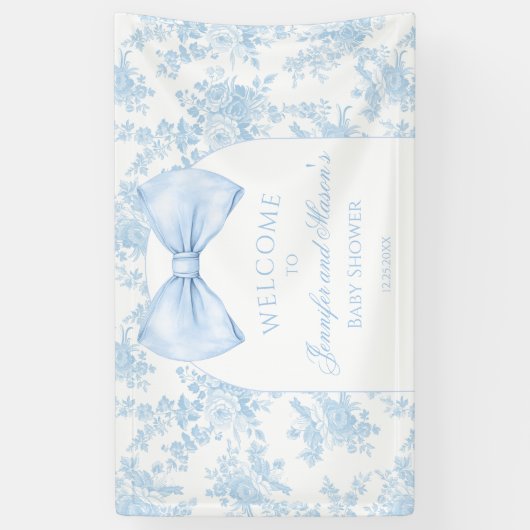 Niedlich Blue Toile Bow Krawatte Baby Dusche Begrü Banner (Vertikal)