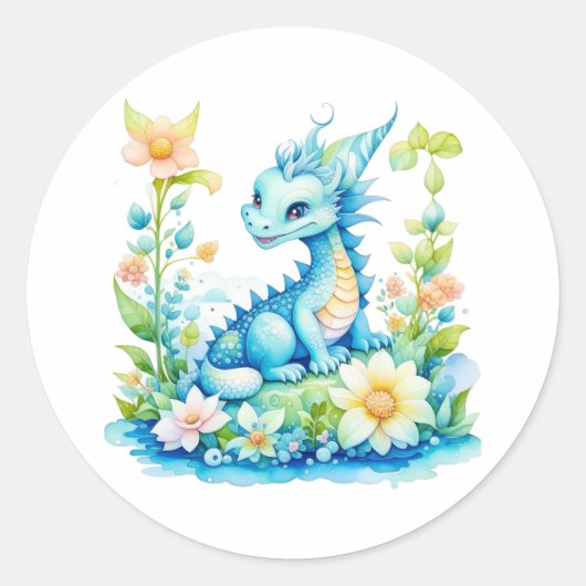 Niedlich Blue Turquoise Green Fantasy Dragon Runder Aufkleber (Vorderseite)